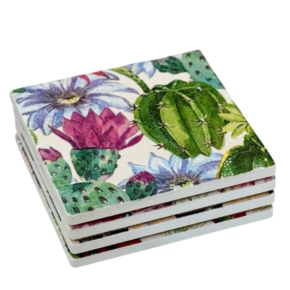 Hand Crafted Cactus Flower Ceramic Coaster Set - Picture 1 of 5